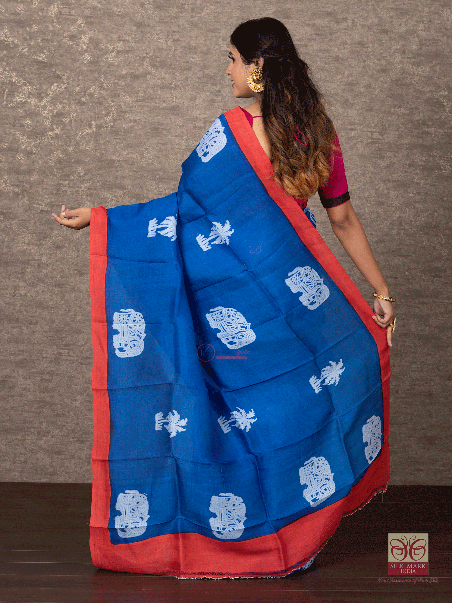 Indigo Blue Block Printed Murshidabad Silk Saree - WeaversIndia