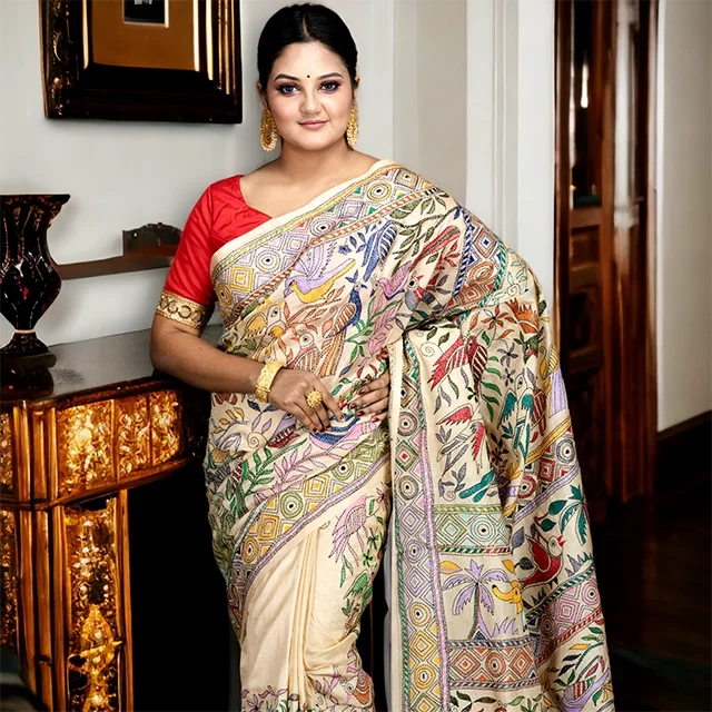 Buy Pink Kantha-embroidered Silk Saree Online - Biswabangla.in