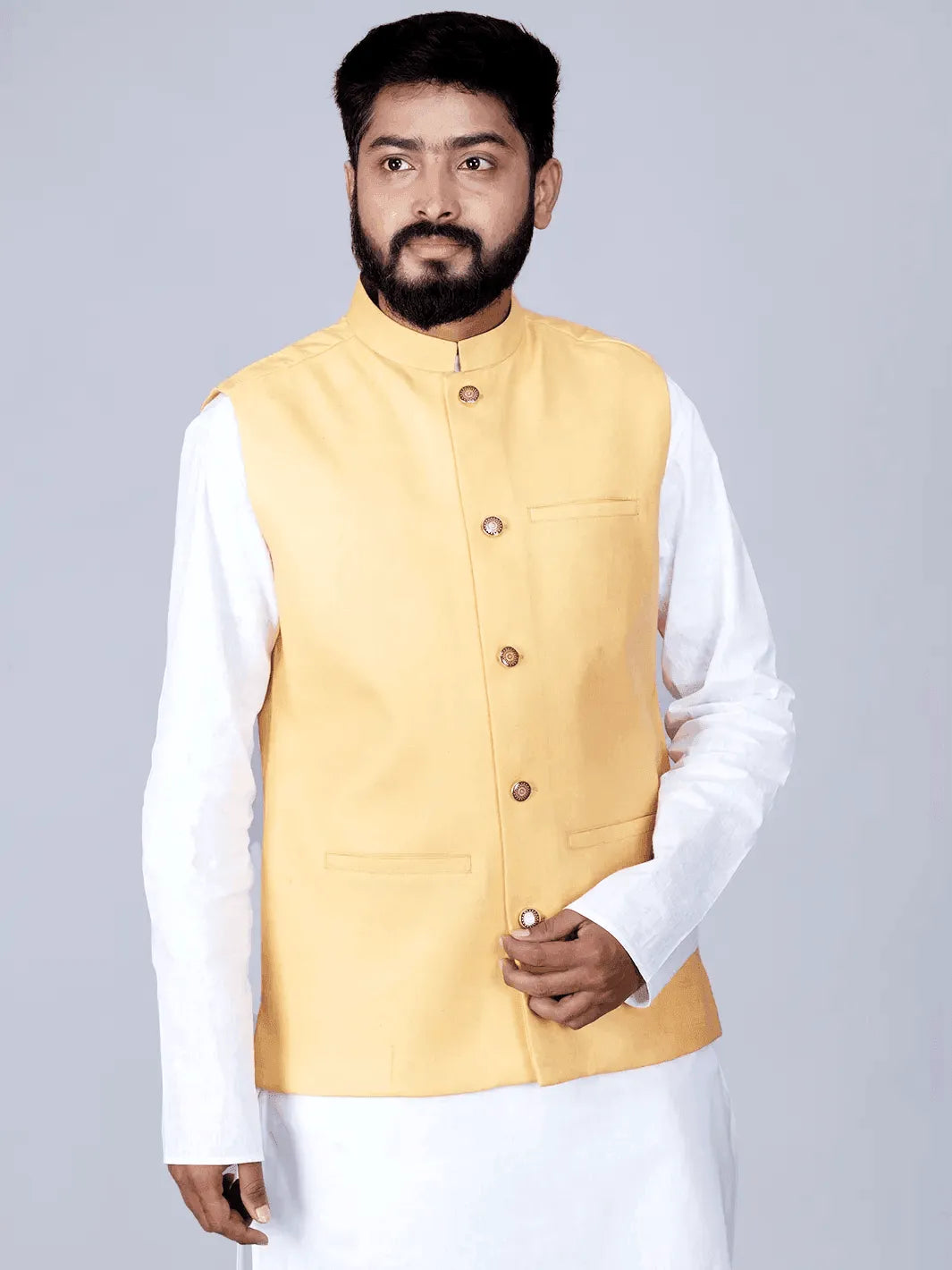 Lemon Chiffon Handwoven Cotton Modi Jacket - WeaversIndia