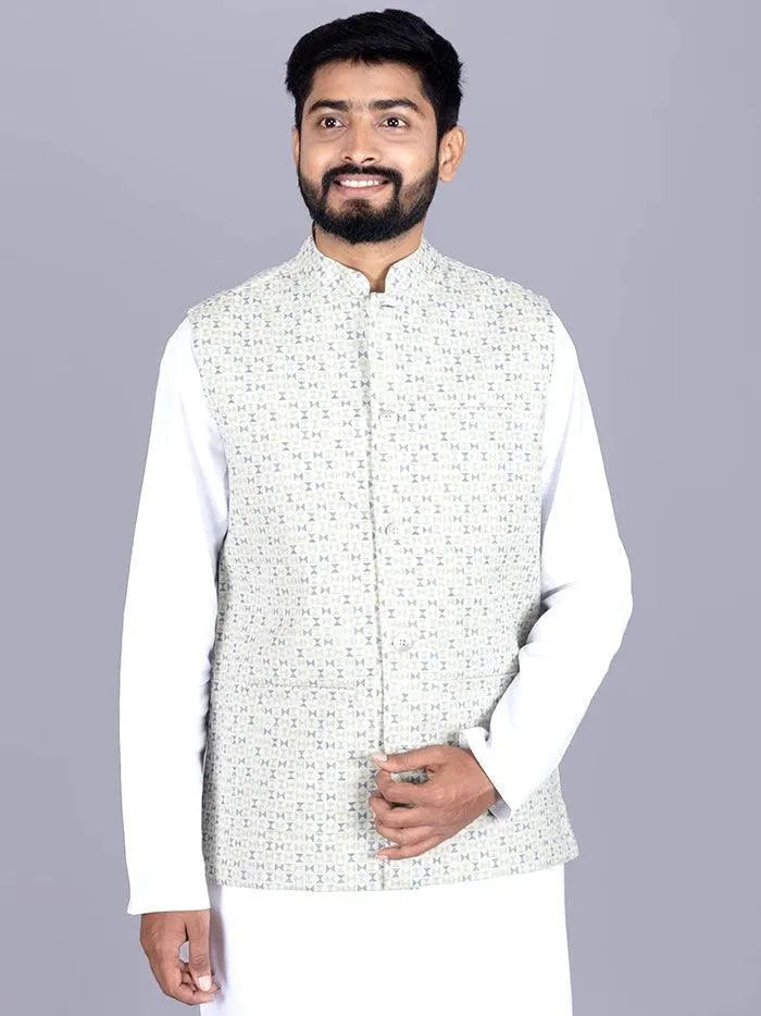 Light Khaki Printed Poly Cotton Modi Jacket - WeaversIndia