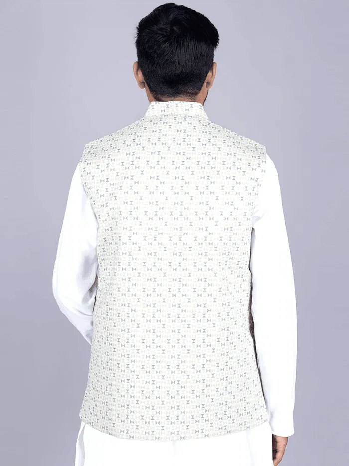 Light Khaki Printed Poly Cotton Modi Jacket - WeaversIndia