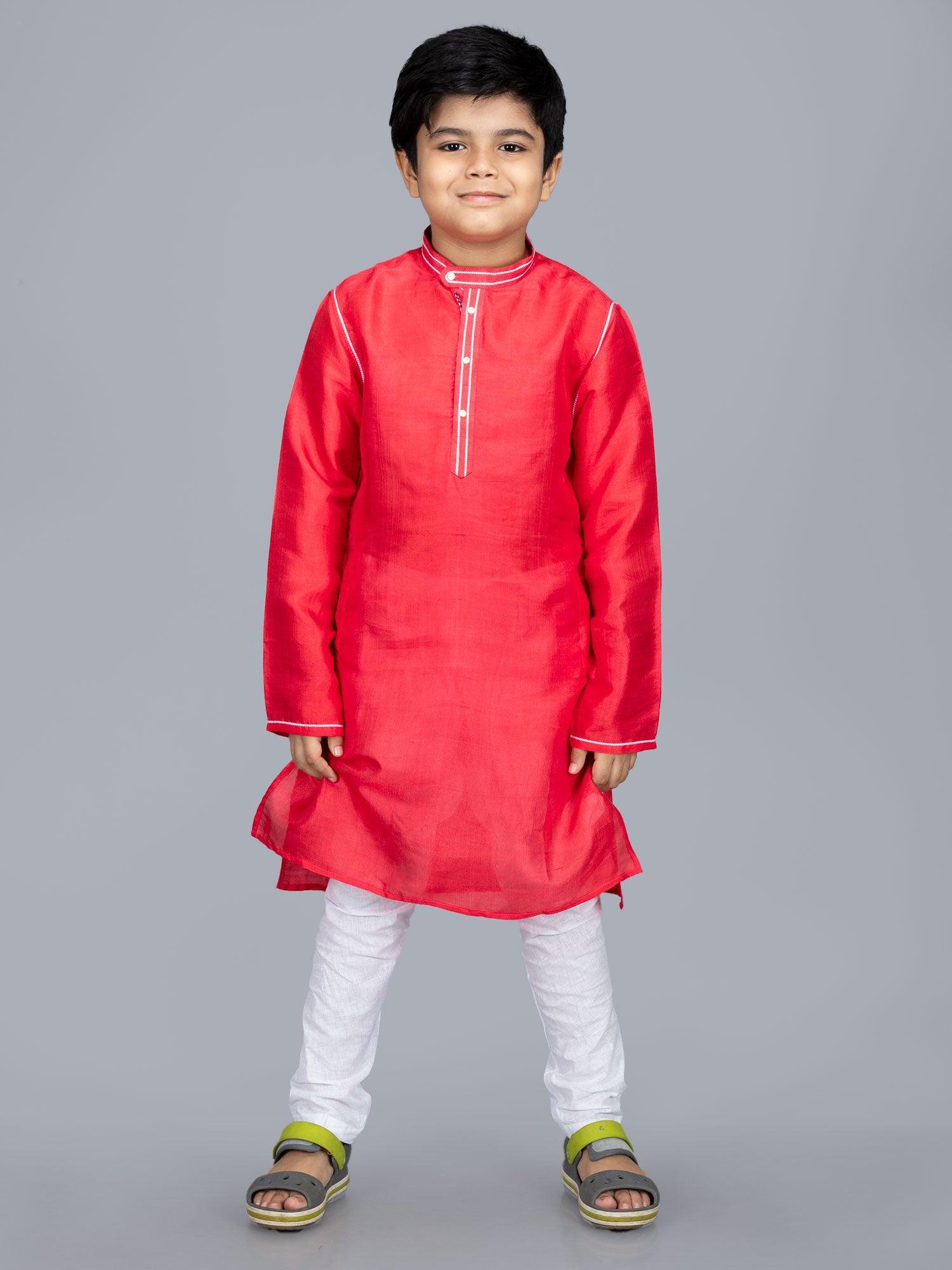 Bishnupuri Katan Silk Light Red Boys Long Kurta - WeaversIndia