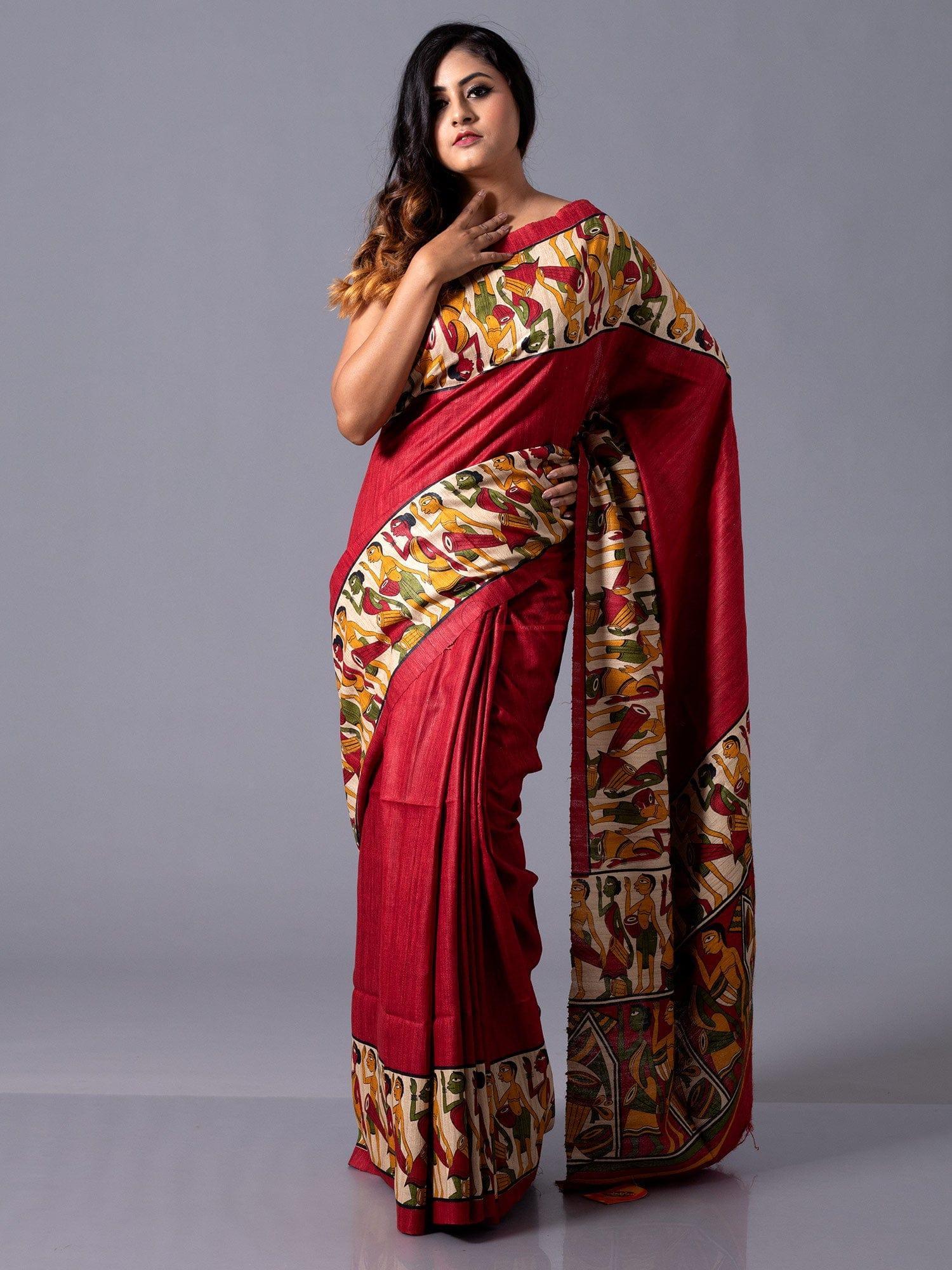 Maroon Block Printed Ghicha Silk Saree - WeaversIndia