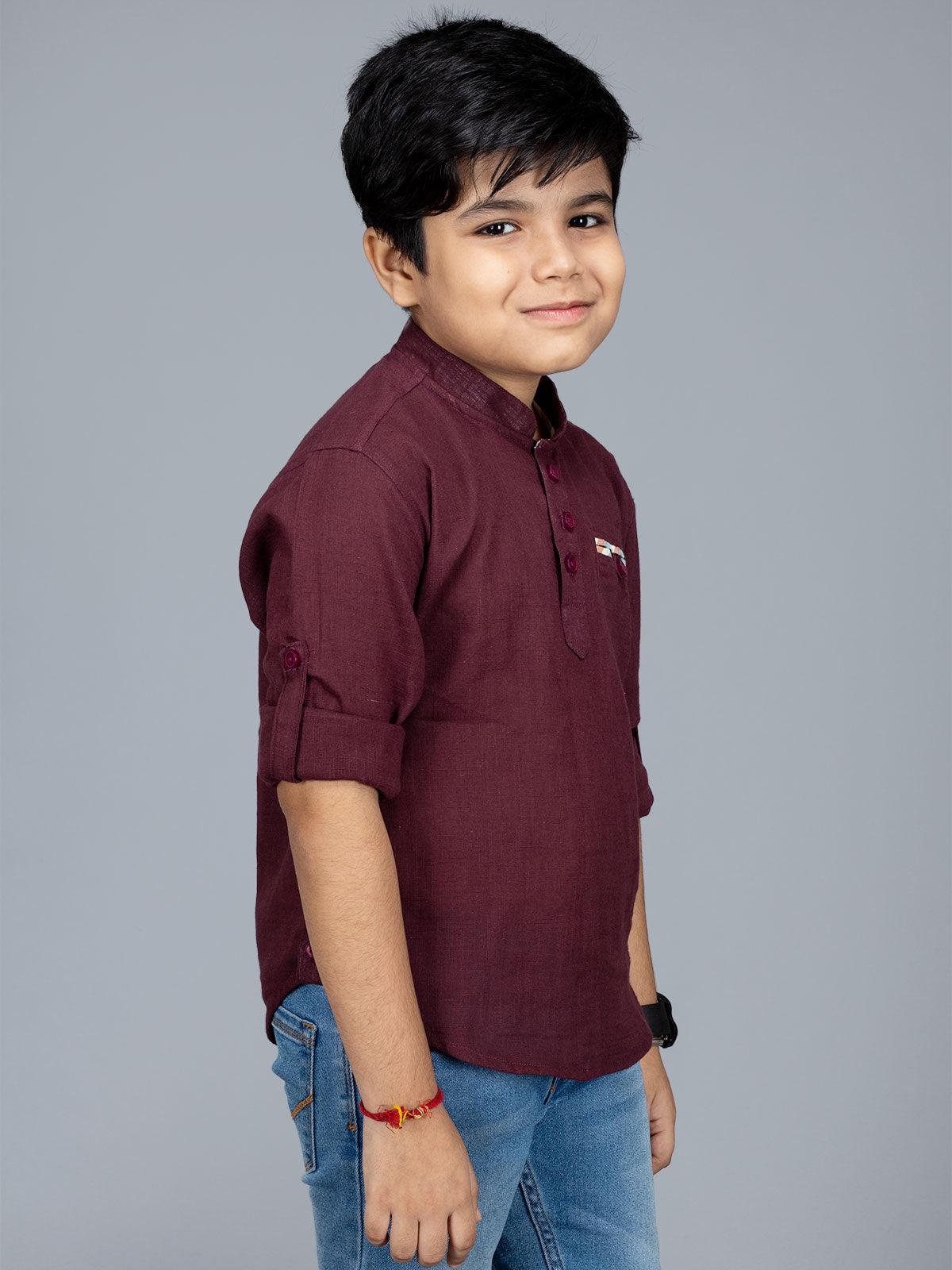 Maroon Slab Cotton Boys Short Kurta - WeaversIndia