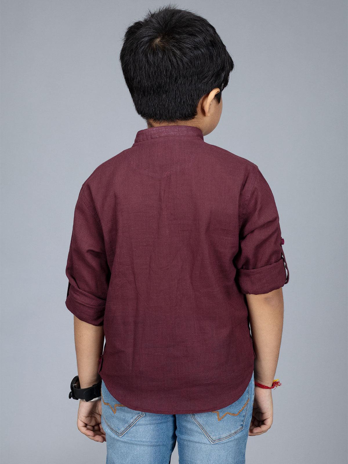 Maroon Slab Cotton Boys Short Kurta - WeaversIndia