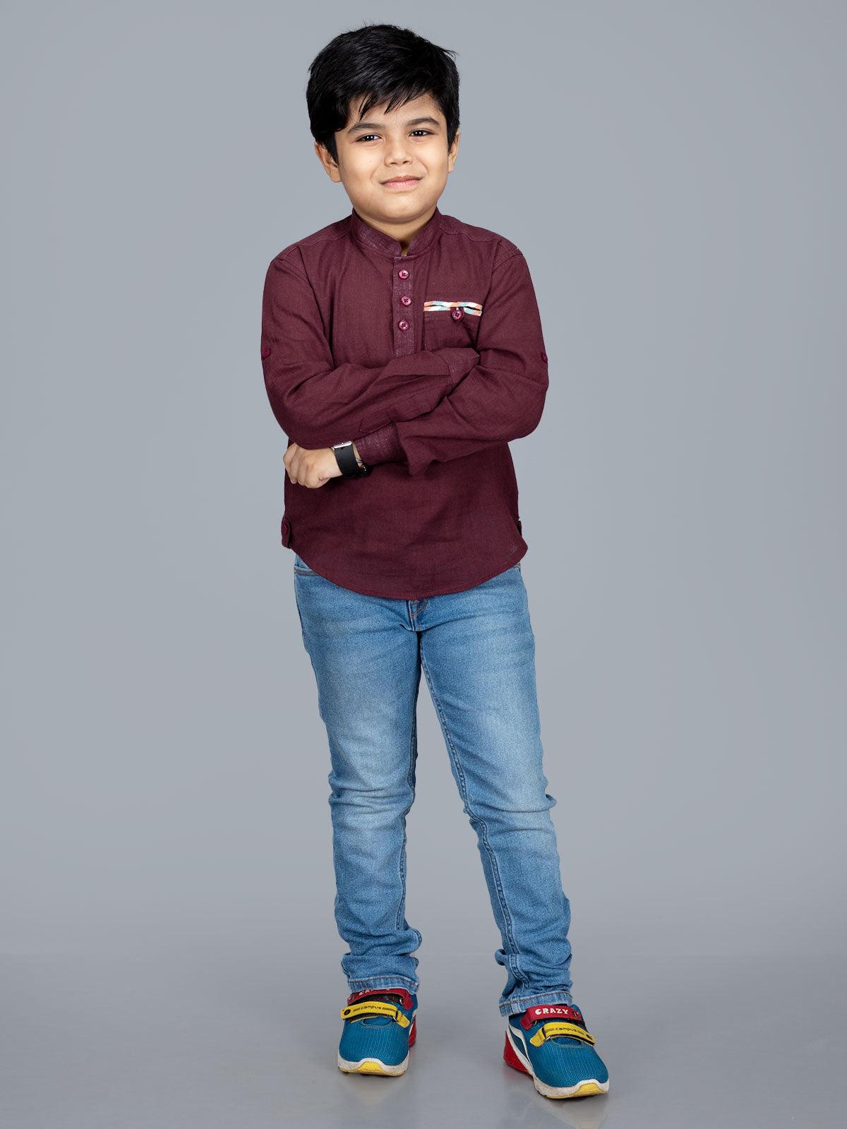 Maroon Slab Cotton Boys Short Kurta - WeaversIndia