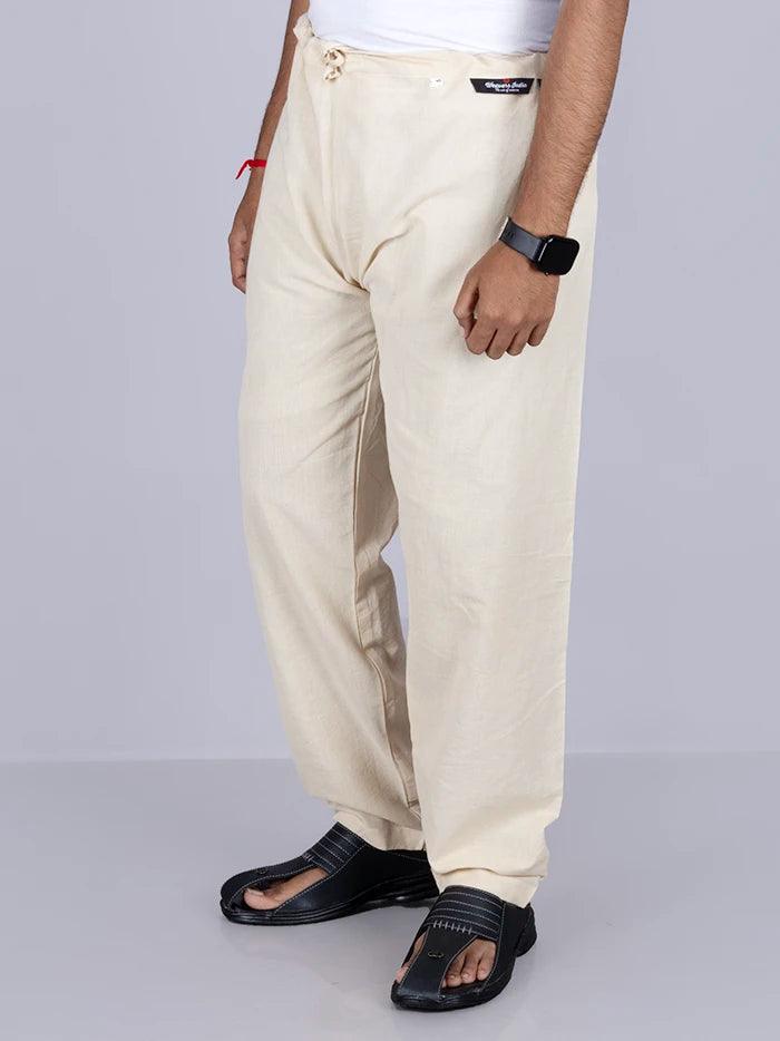 Men Solid Relaxed Fit Organic Cotton Beige color Pajama - WeaversIndia