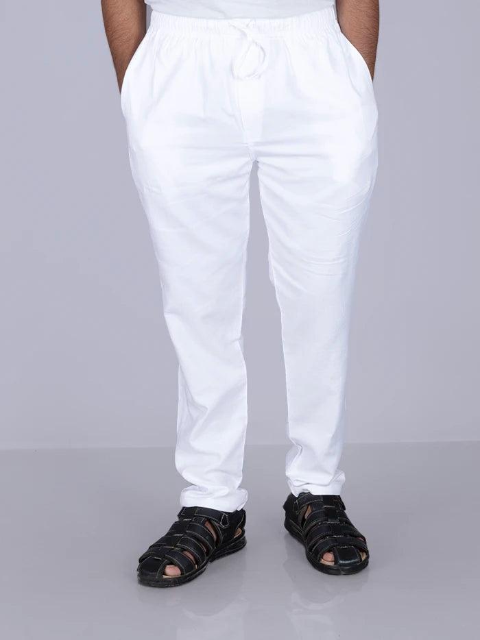 Men White Solid Chain Pocket Cotton Pajama - WeaversIndia