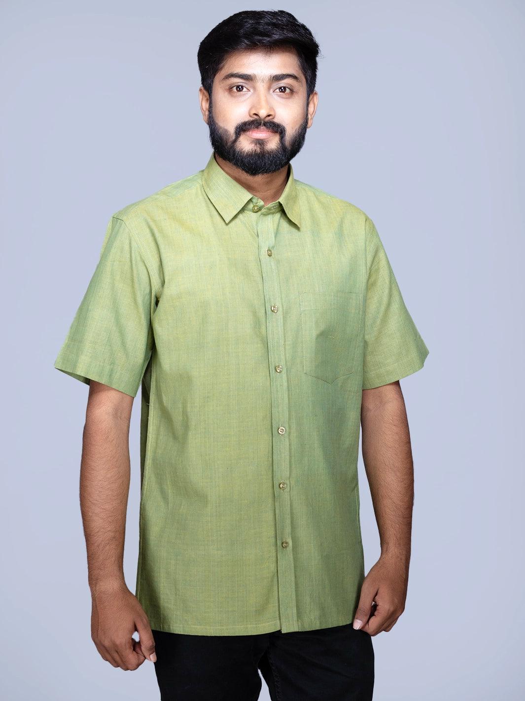 Olive Green Dual Tone Organic Cotton Formal Men Shirt - WeaversIndia