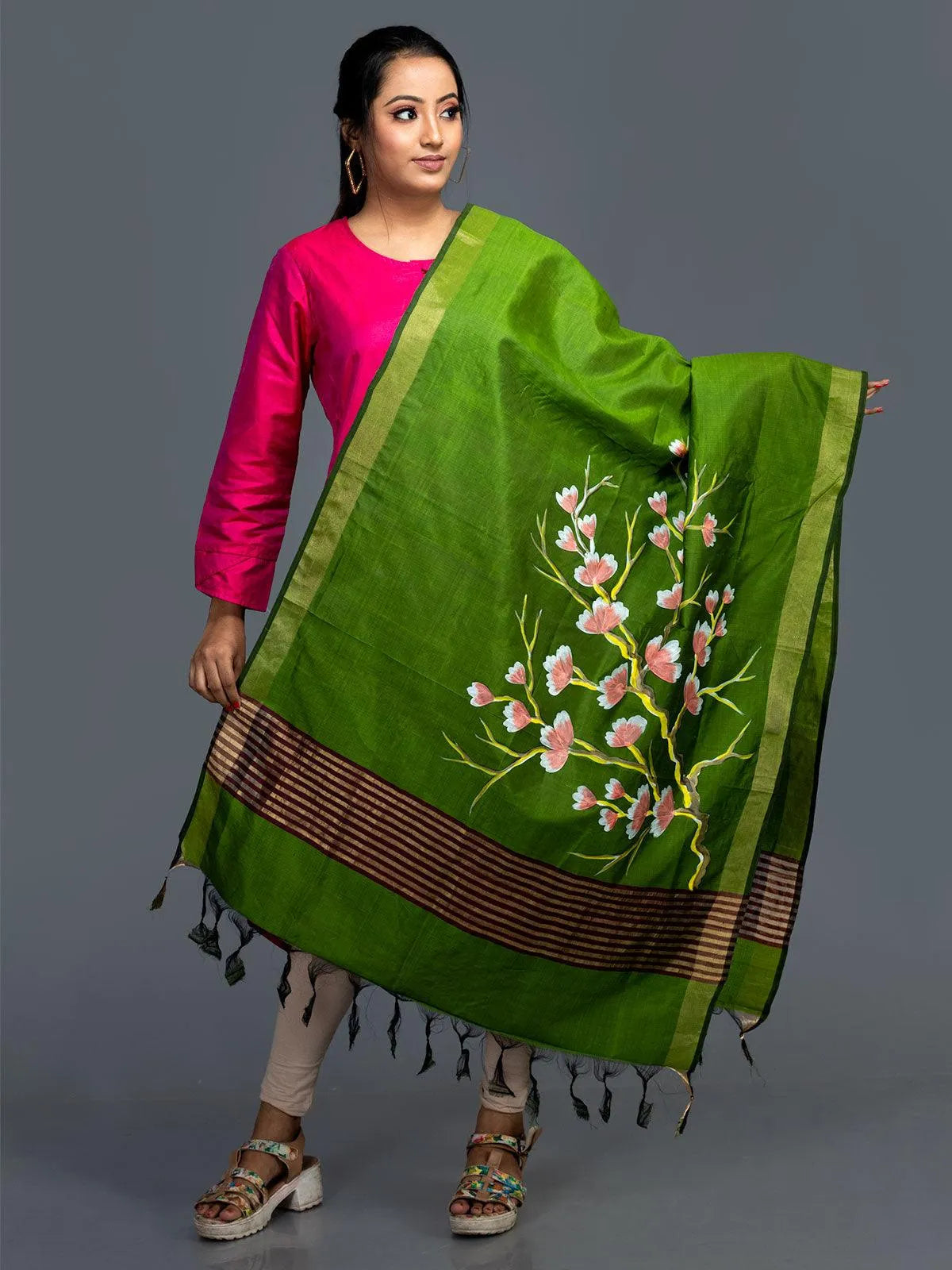 Olive Green Hand Painted Bishnupuri Katan Silk Dupatta - WeaversIndia