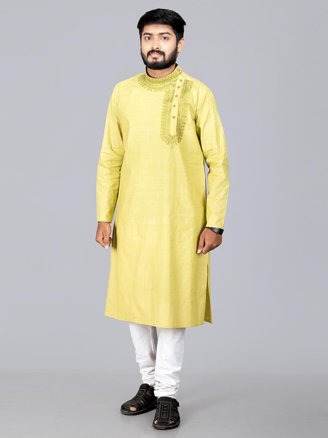 Olive Handwoven Organic Cotton Embroidered Men Kurta - WeaversIndia