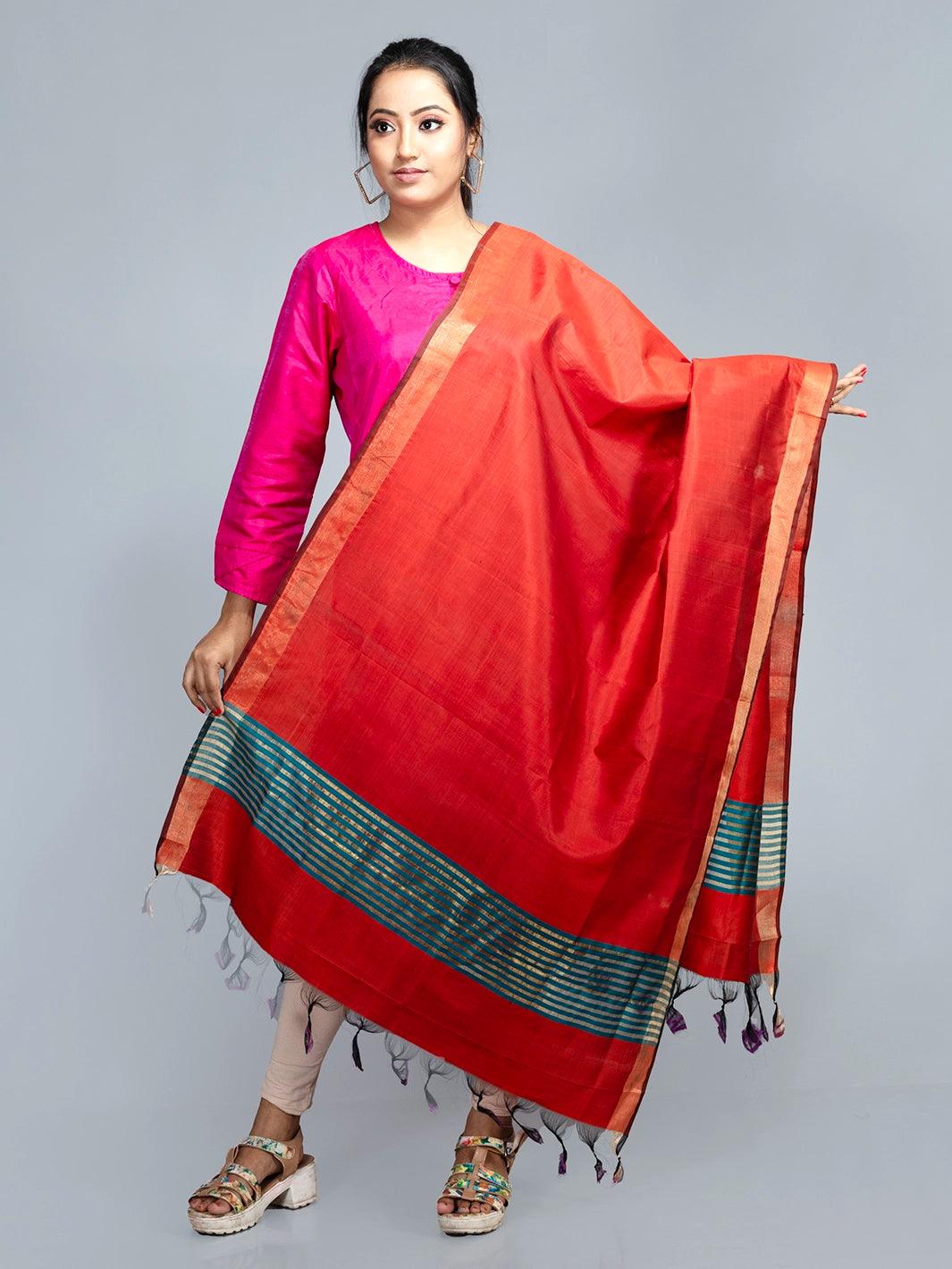 Orange Bishnupuri Silk Dupatta - WeaversIndia