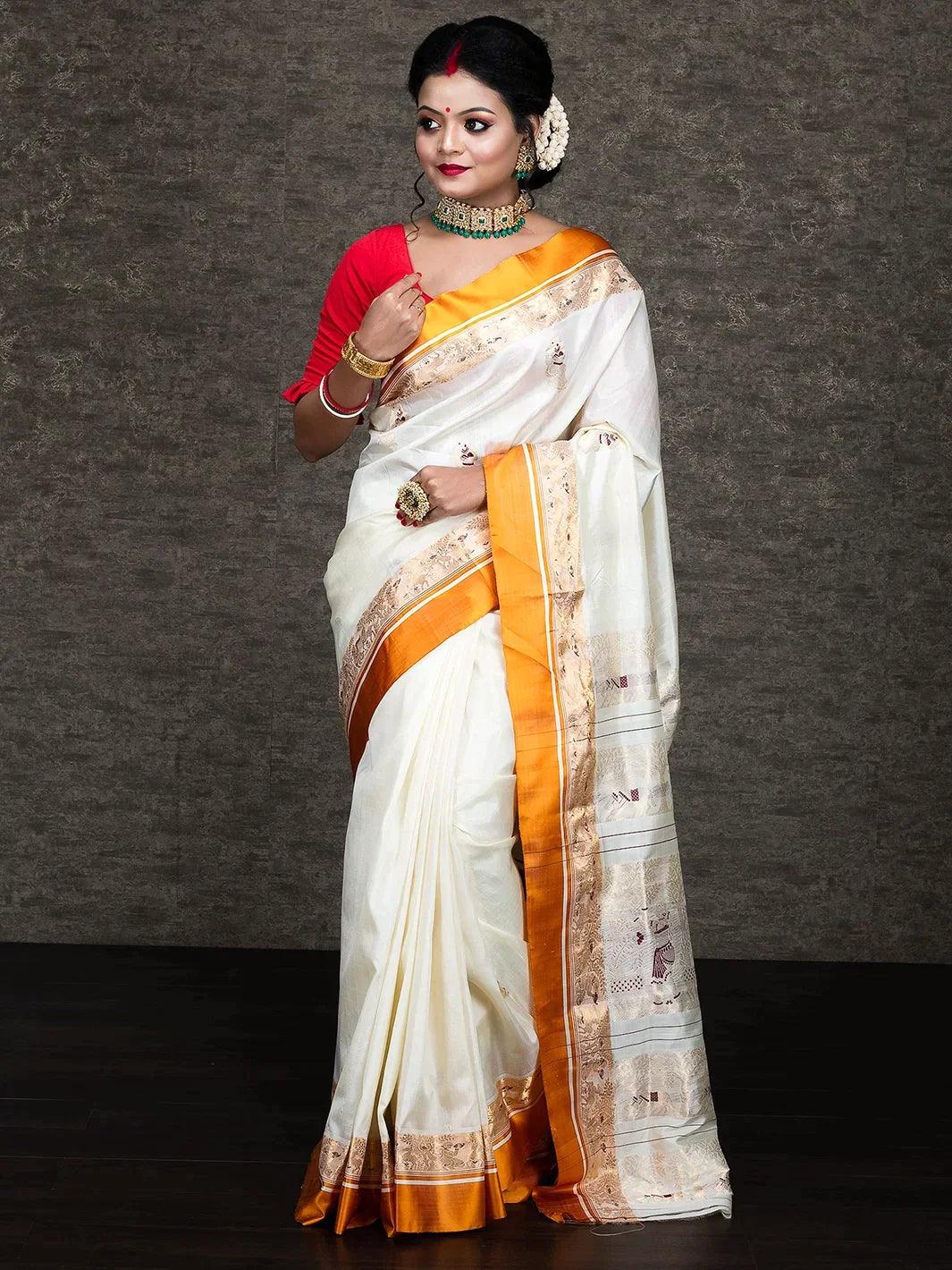 Orange Border Minakari Jacquard Traditional Garad Silk Saree - WeaversIndia