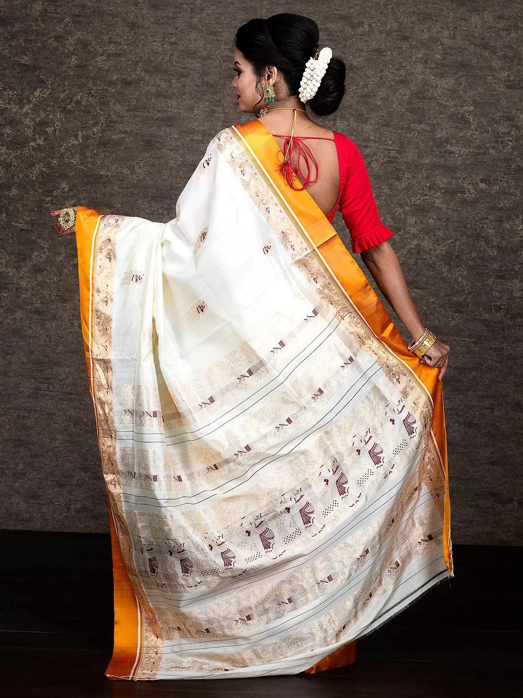 Orange Border Minakari Jacquard Traditional Garad Silk Saree - WeaversIndia