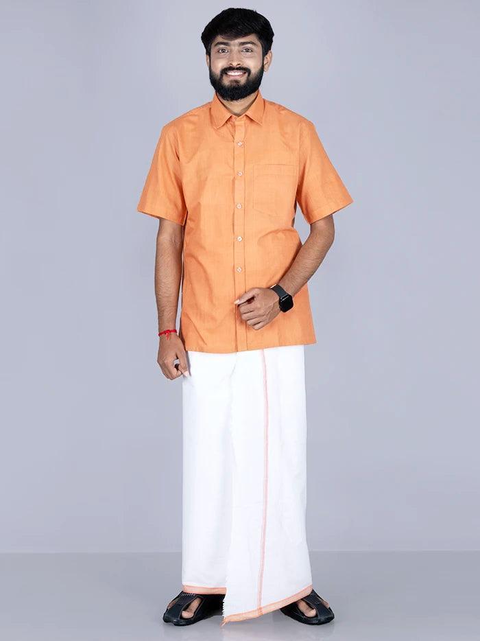 Orange Border White Handwoven Fine Muslin Dhoti 3.65 Meter - WeaversIndia