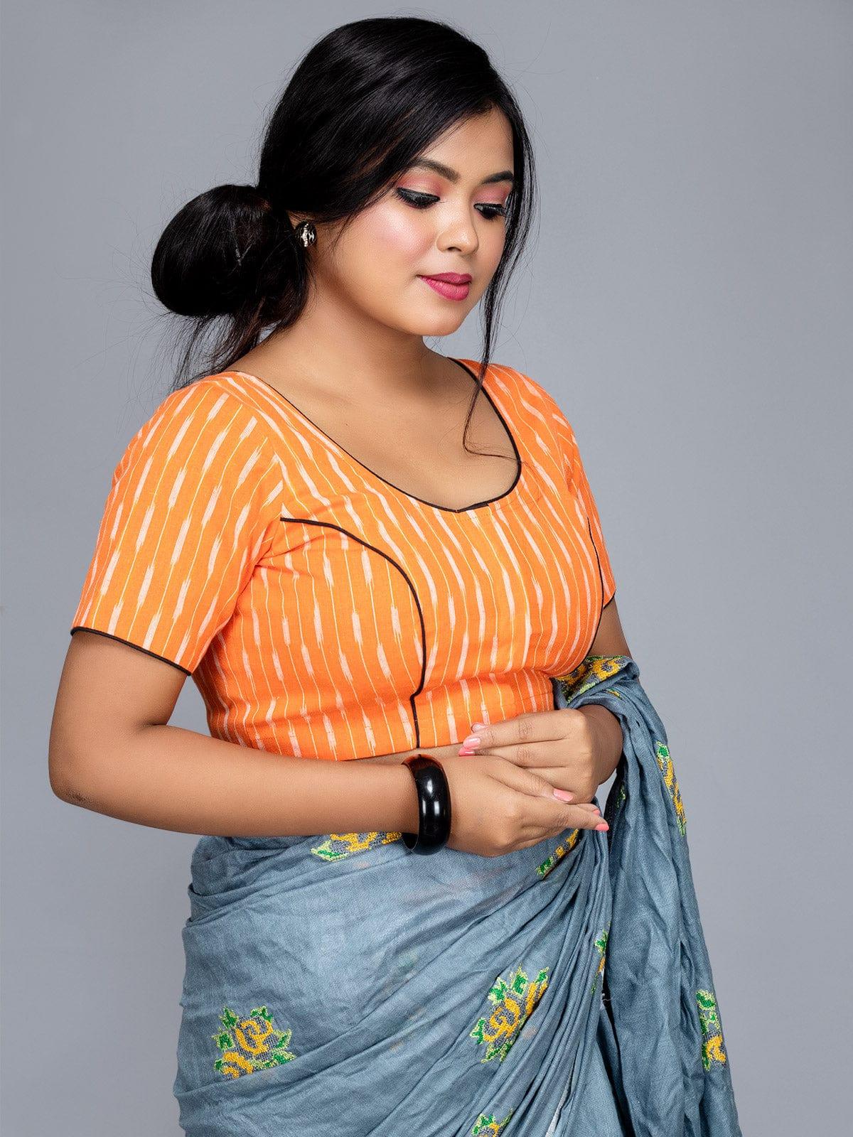 Orange Cotton Ikkat Boat Neck Blouse - WeaversIndia