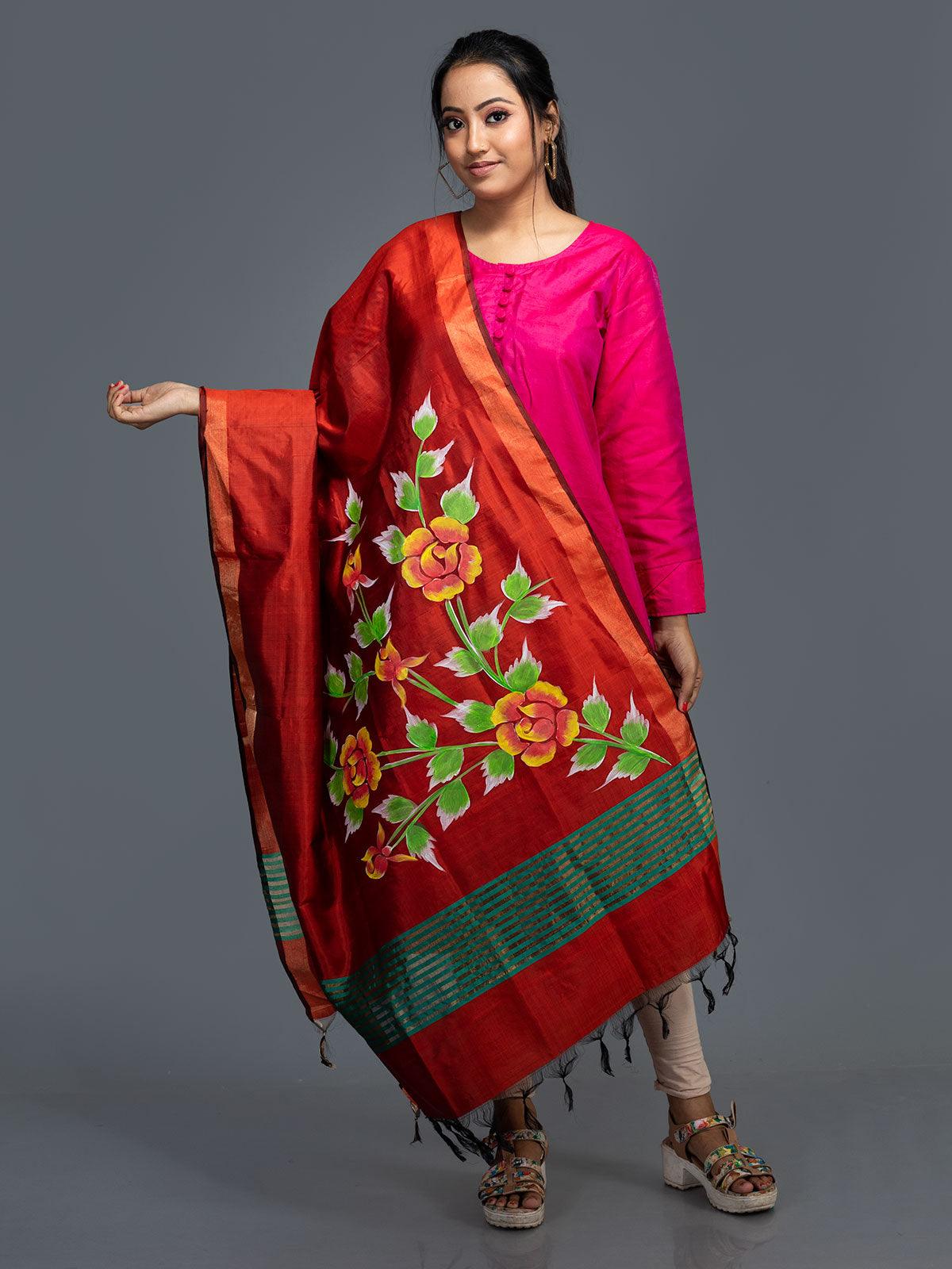 Orange Hand Painted Bishnupuri Katan Silk Dupatta - WeaversIndia