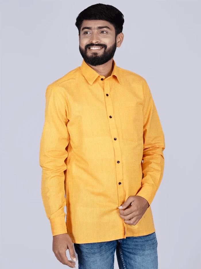 Orange Handwoven Organic Cotton Men Full Sleeves Shirt - WeaversIndia