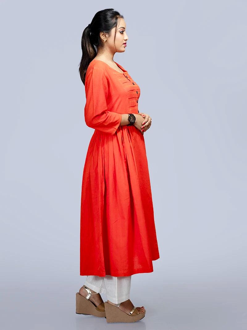 Orange Handwoven Organic Cotton Pintuck Kurta - WeaversIndia