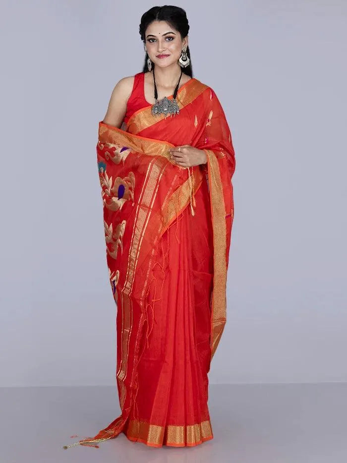 Orange Par Anchal Buti Blend Cotton Handloom Saree - WeaversIndia