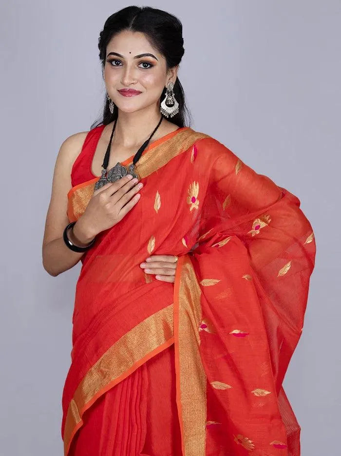 Orange Par Anchal Buti Blend Cotton Handloom Saree - WeaversIndia