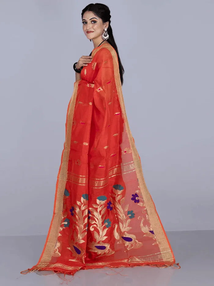 Orange Par Anchal Buti Blend Cotton Handloom Saree - WeaversIndia