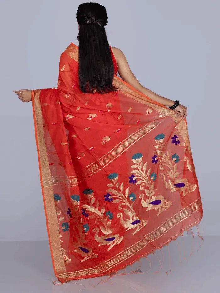 Orange Par Anchal Buti Blend Cotton Handloom Saree - WeaversIndia