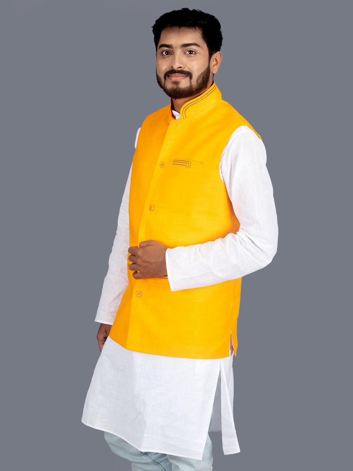 Orange Solid Matka Silk Modi Jacket WeaversIndia