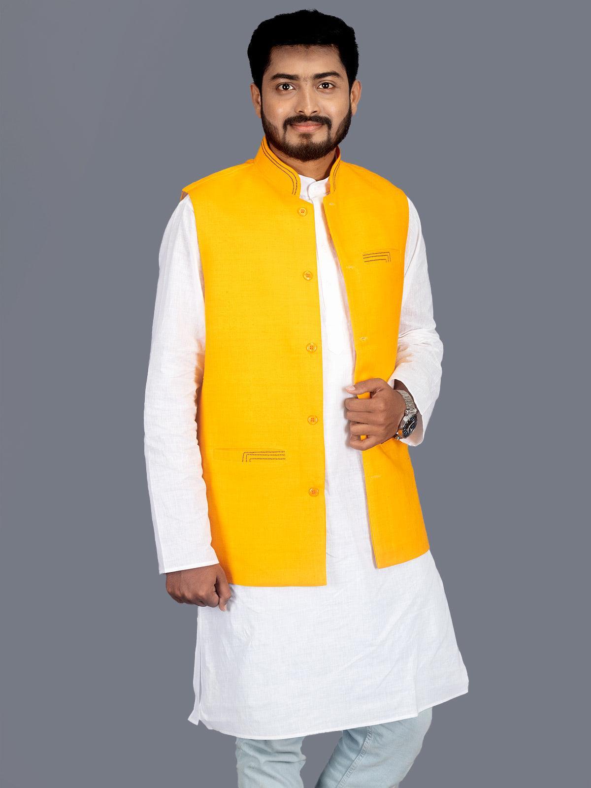 Orange Solid Matka Silk Modi Jacket - WeaversIndia