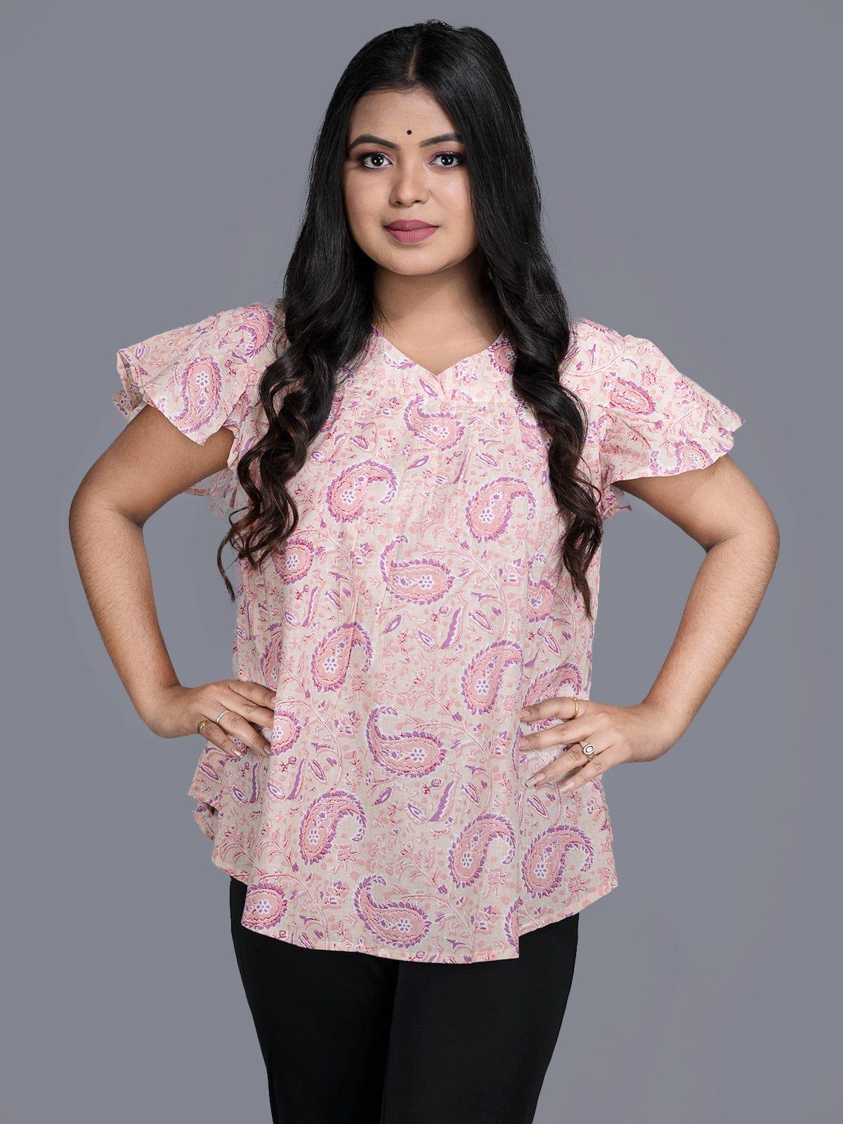 Orchid Pink Printed Cotton Top - WeaversIndia