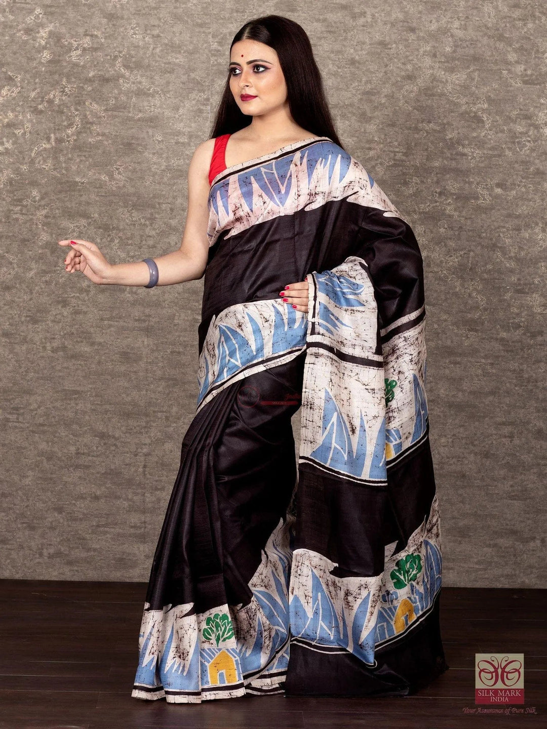 Par Anchal Black Batik Printed Murshidabad Silk Saree - WeaversIndia