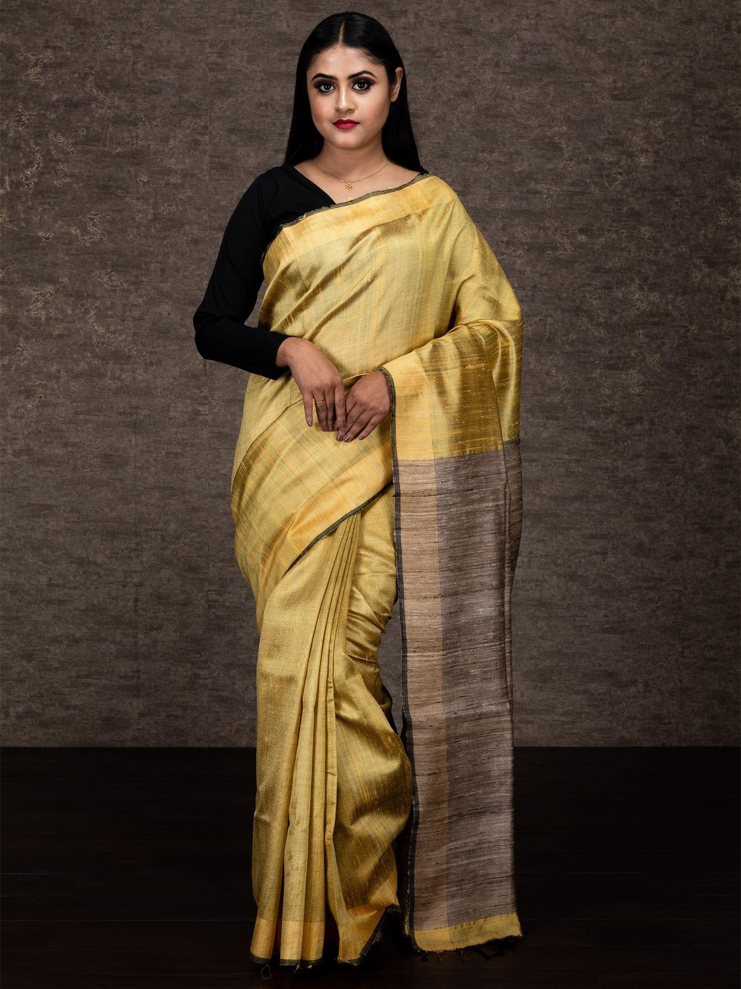 Peach Yellow Par Anchal Dupion Silk Saree - WeaversIndia