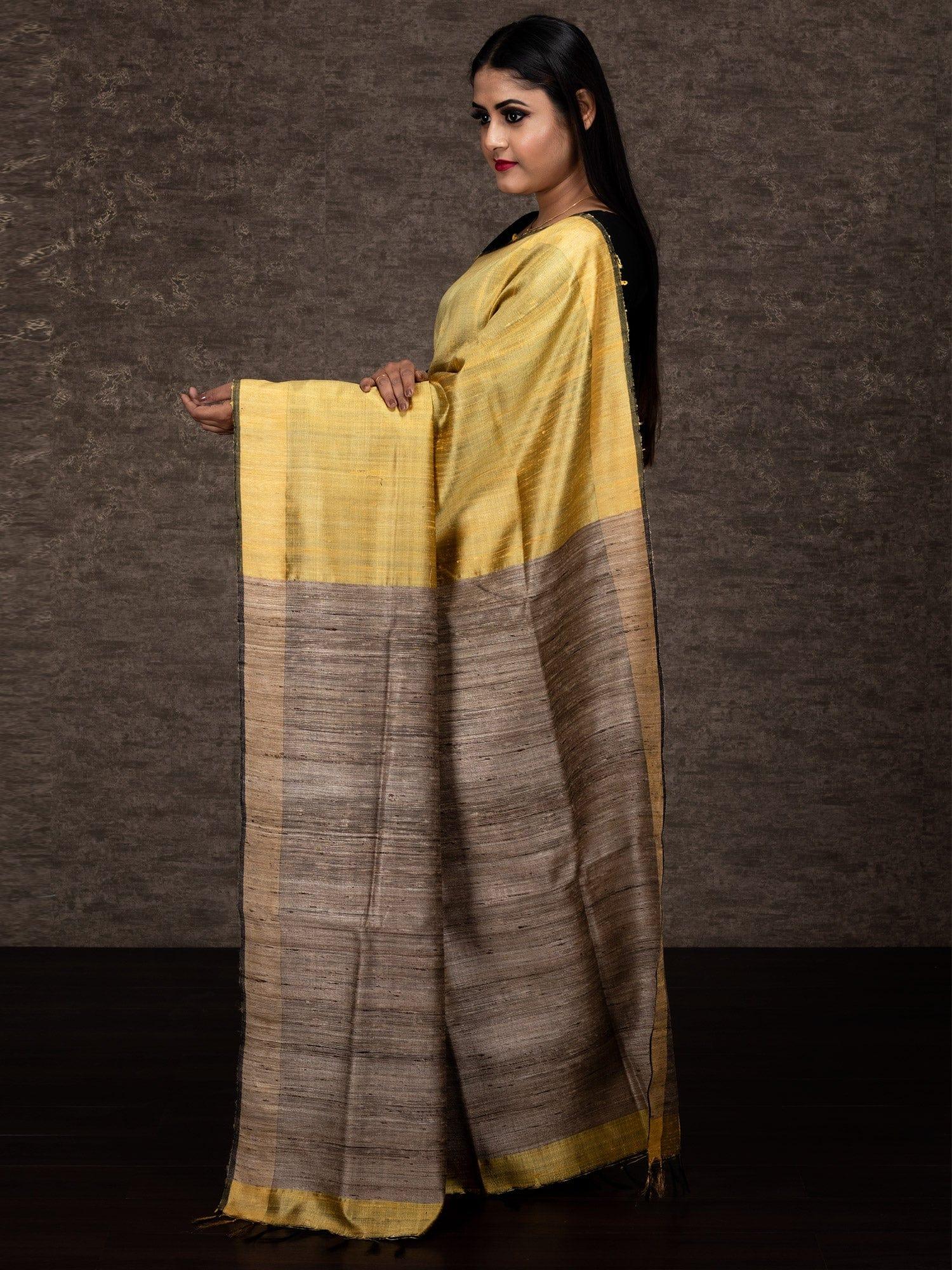 Peach Yellow Par Anchal Dupion Silk Saree - WeaversIndia