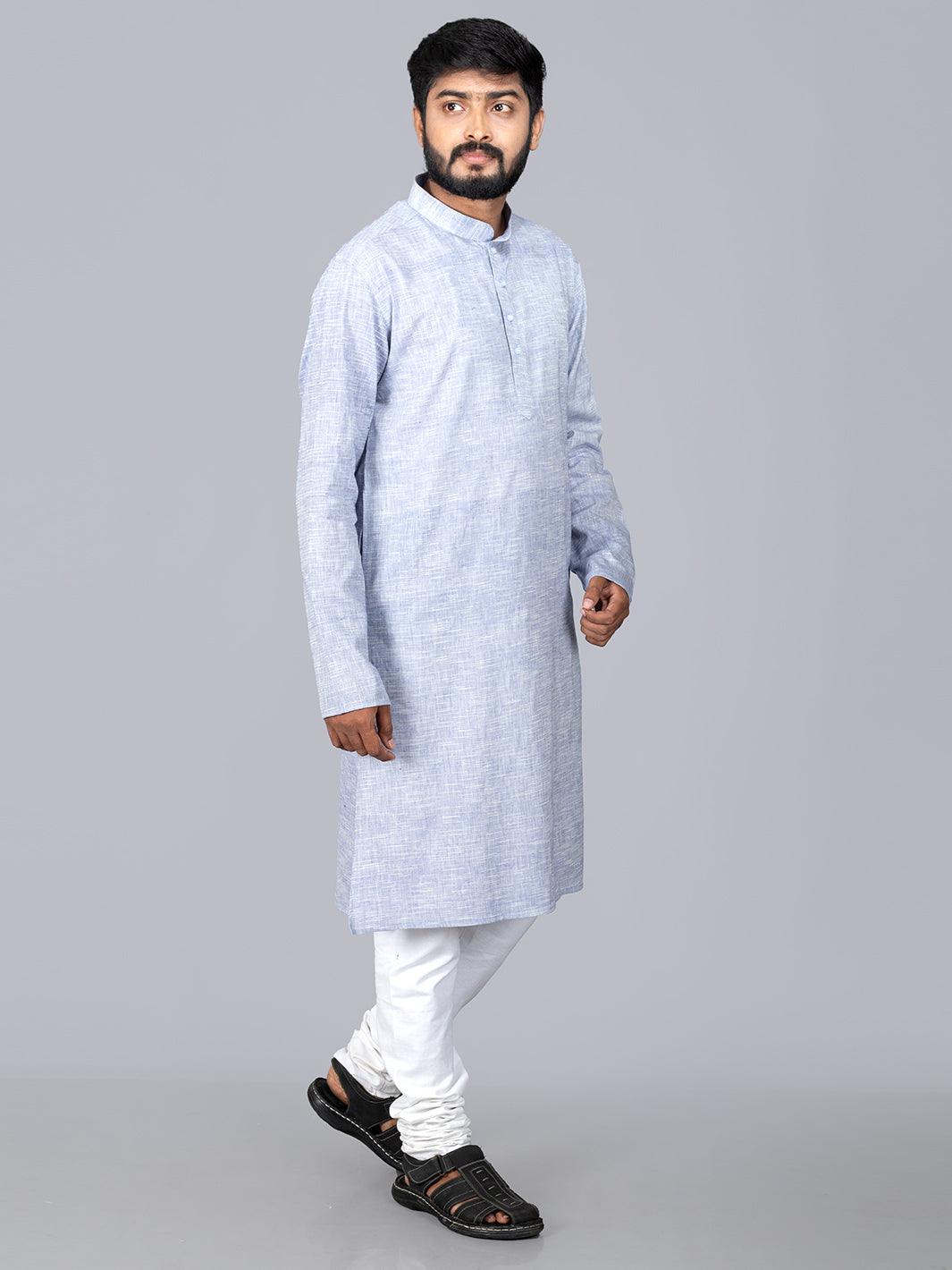 Periwinkle Springs Handwoven Organic Cotton Men Kurta - WeaversIndia