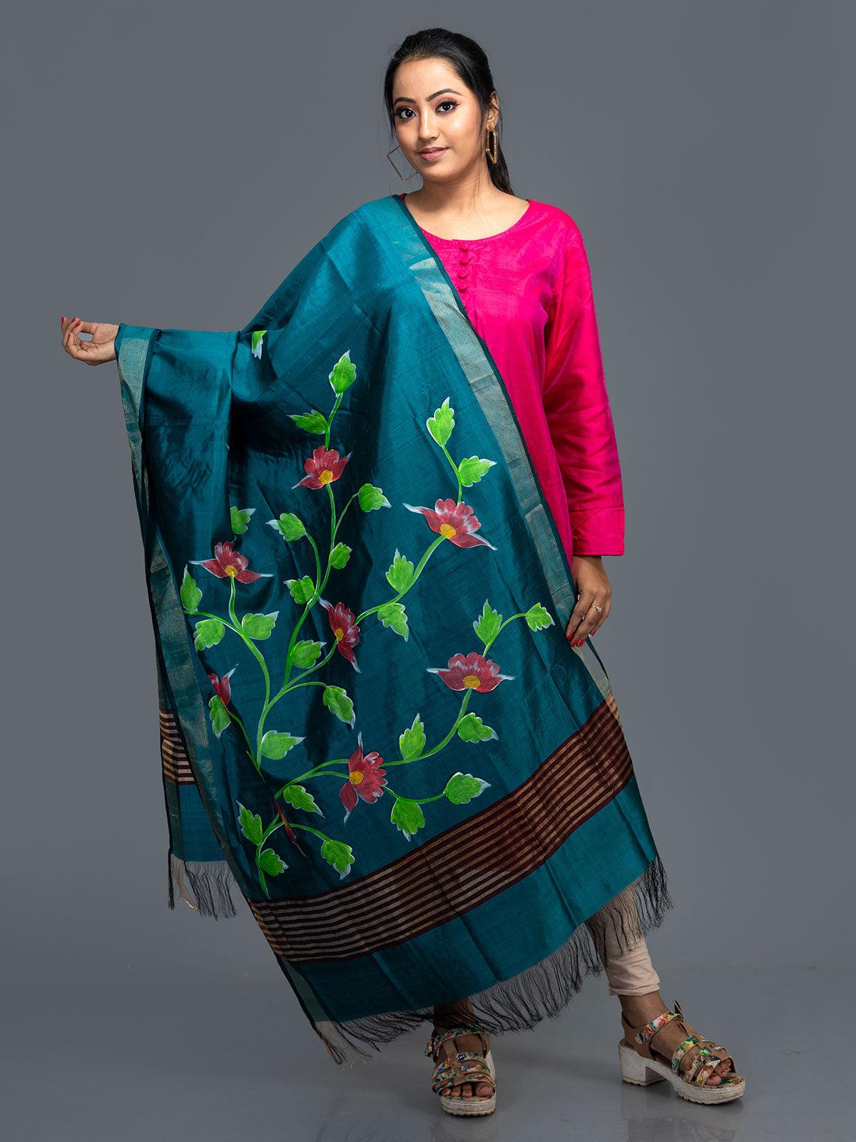 Persian Blue Hand Painted Bishnupuri Katan Silk Dupatta - WeaversIndia