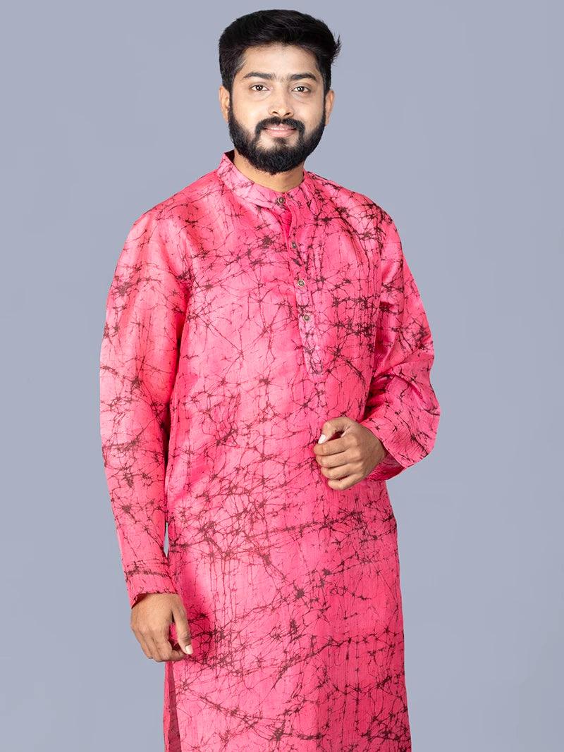 Pink Batik Printed Pure Silk Men Kurta - WeaversIndia