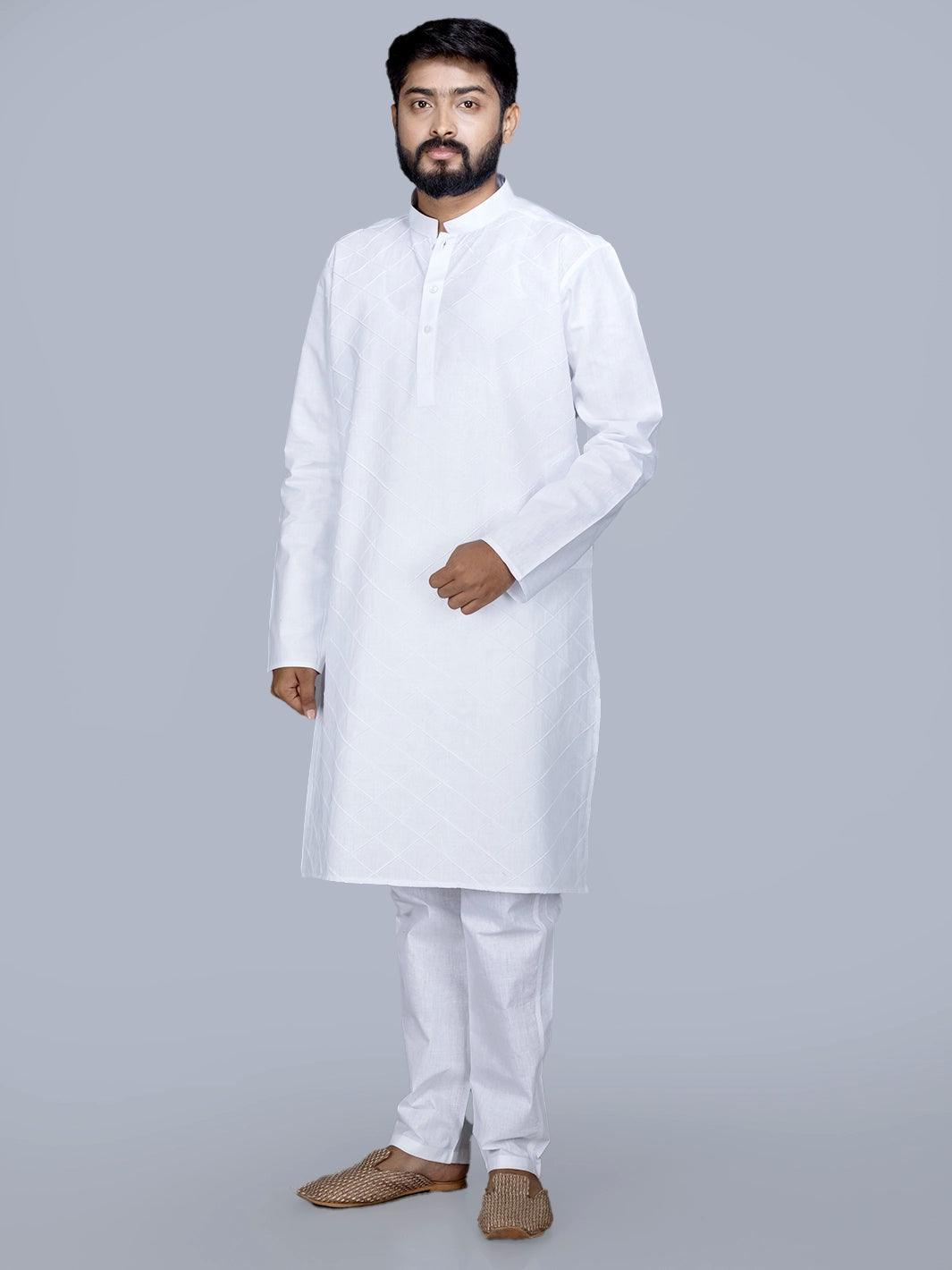 Pintucks Organic Cotton White Men Long Kurta