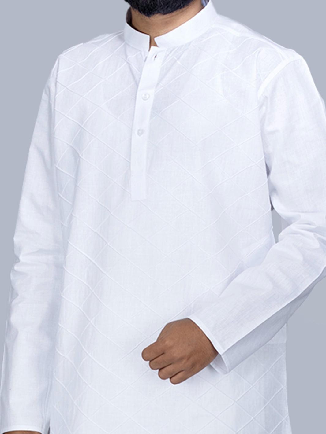 Pintucks Organic Cotton White Men Long Kurta