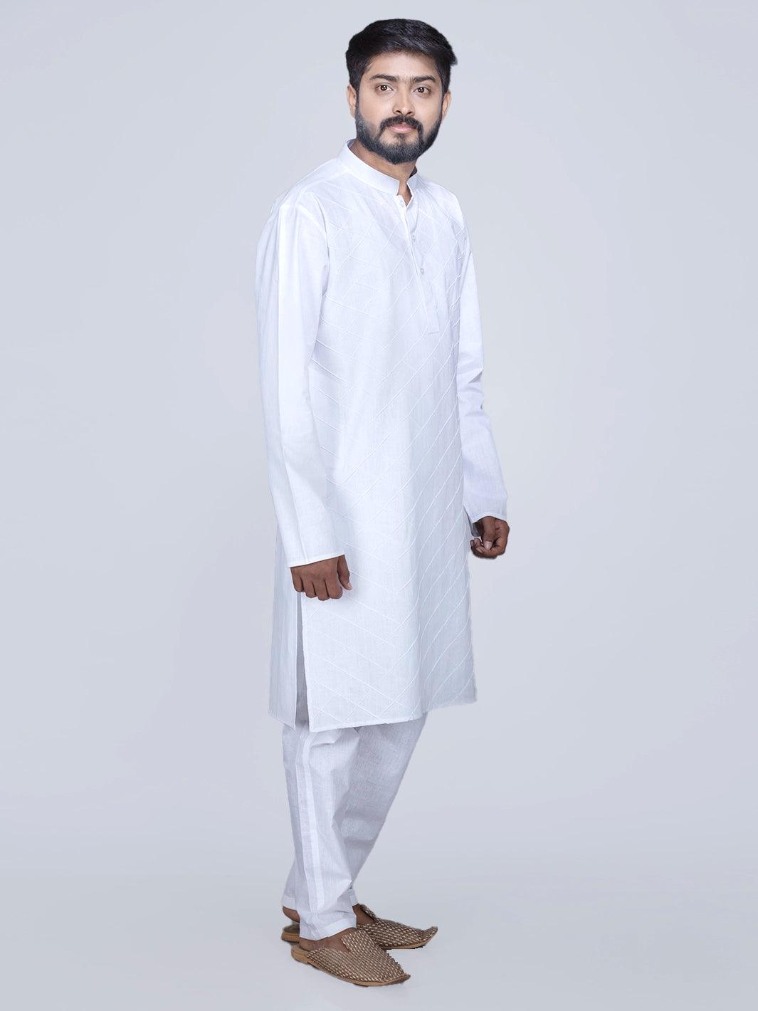 Pintucks Organic Cotton White Men Long Kurta