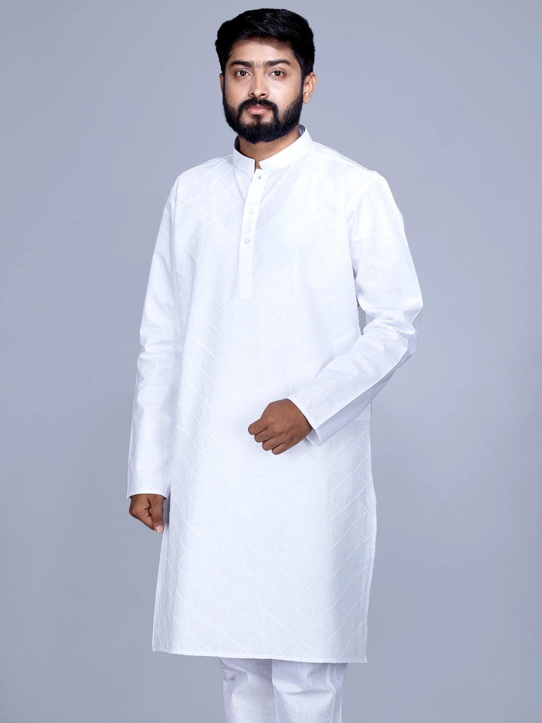 Pintucks Organic Cotton White Men Long Kurta