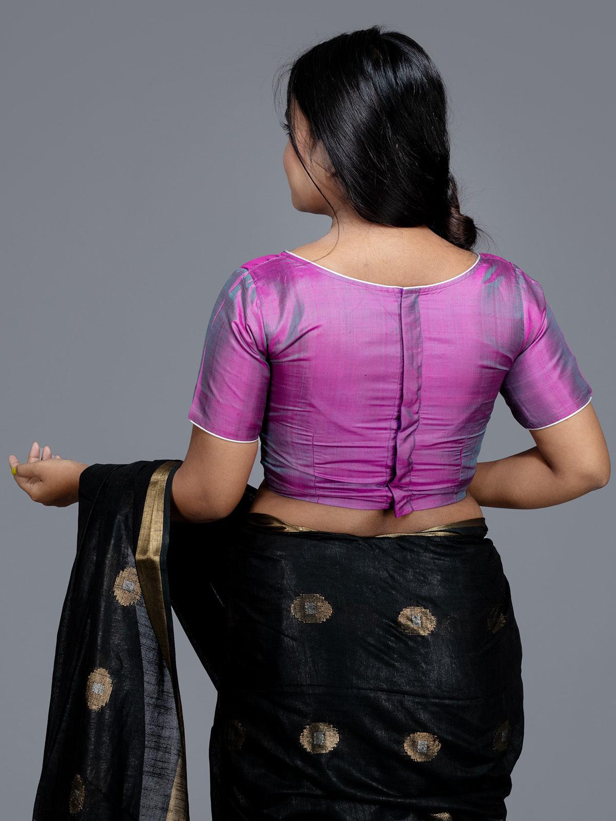 Purpel Boat Neck Bishnupuri Katan Silk Blouse - WeaversIndia