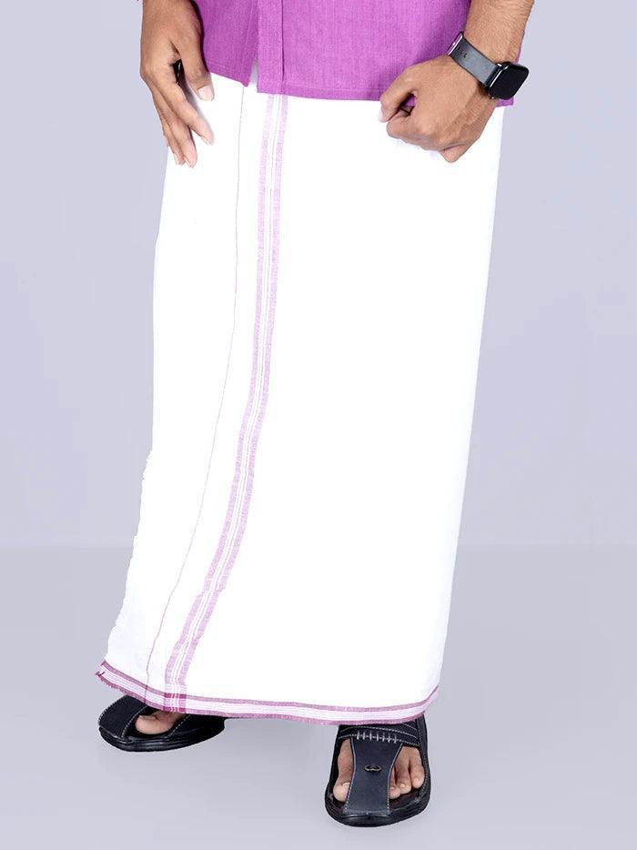 Purple Border Handwoven Fine Muslin Dhoti 3.65 Meter - WeaversIndia