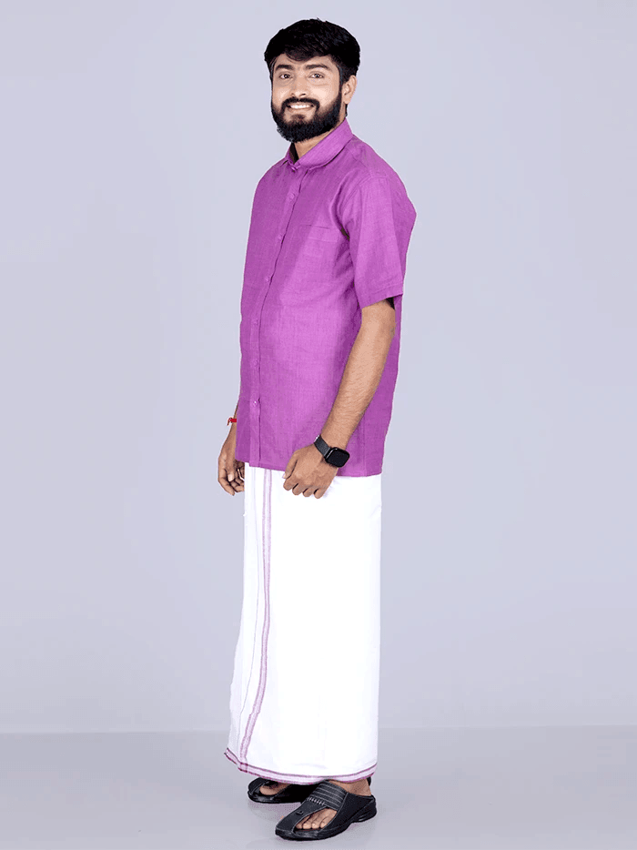 Purple Border Handwoven Fine Muslin Dhoti 3.65 Meter - WeaversIndia