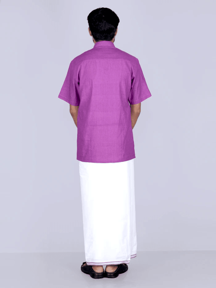 Purple Border Handwoven Fine Muslin Dhoti 3.65 Meter - WeaversIndia