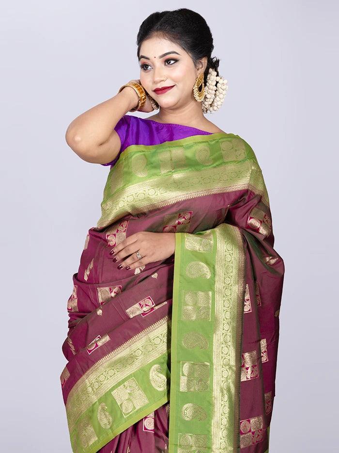 Purple Green Dual Tone Par Anchal Buti Katan Kanjivaram Silk Saree - WeaversIndia