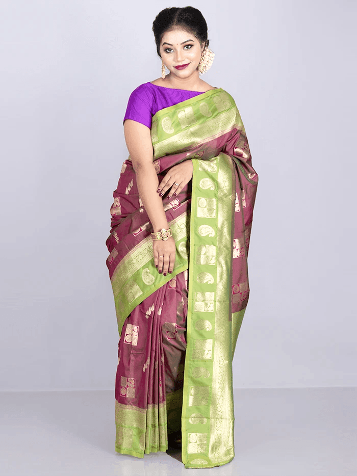 Purple Green Dual Tone Par Anchal Buti Katan Kanjivaram Silk Saree - WeaversIndia