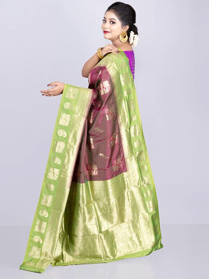 Purple Green Dual Tone Par Anchal Buti Katan Kanjivaram Silk Saree - WeaversIndia