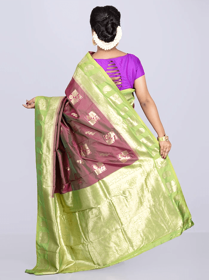 Purple Green Dual Tone Par Anchal Buti Katan Kanjivaram Silk Saree - WeaversIndia