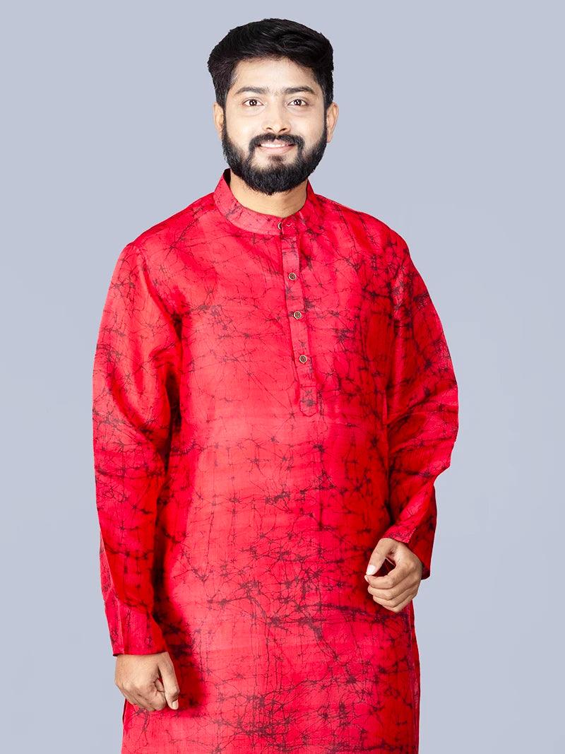 Red Batik Printed Pure Silk Men Kurta - WeaversIndia