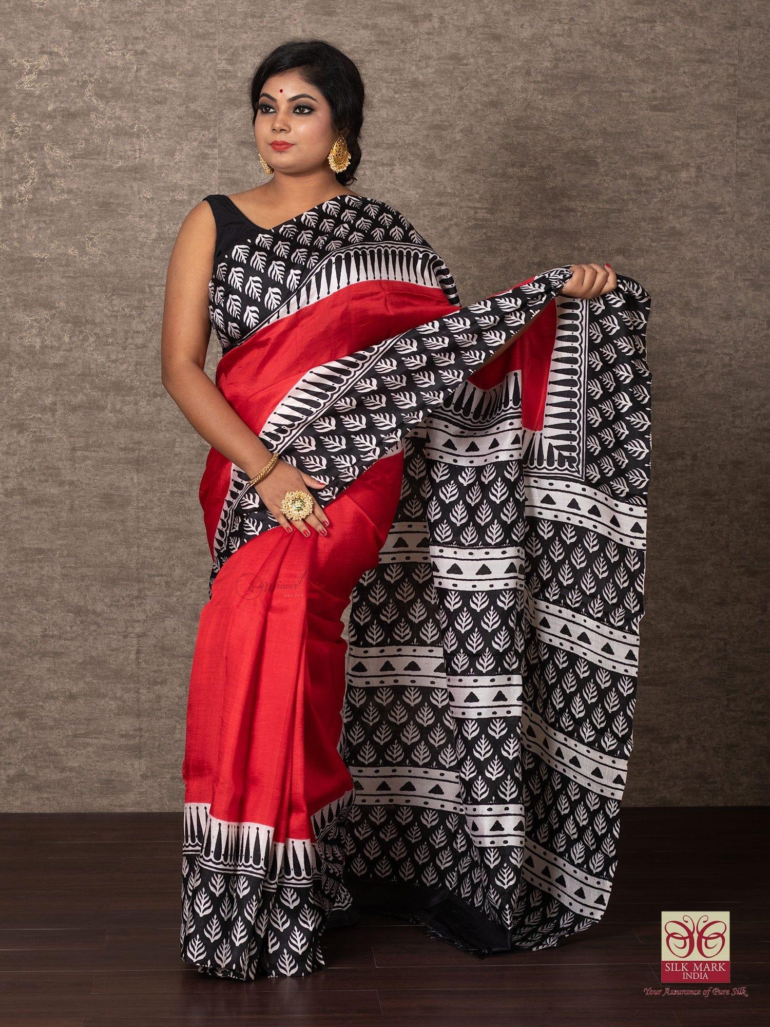 Red Par Anchal Block Printed Murshidabad Silk Saree - WeaversIndia